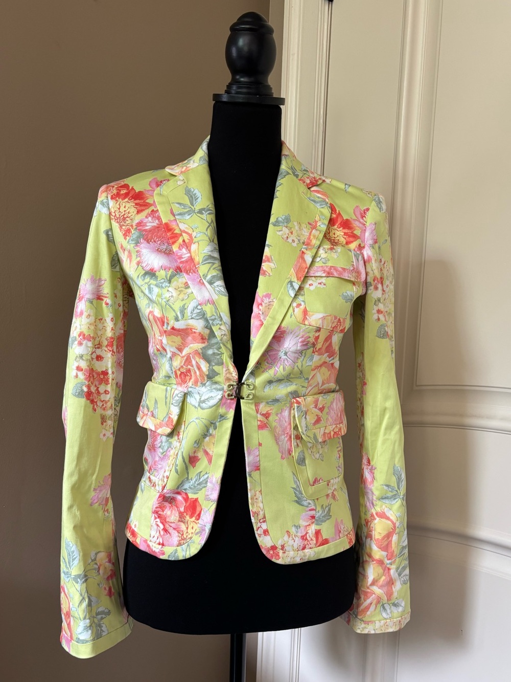Body by Victoria Chartreuse Floral Cotton Stretch Blazer Jacket Women’s Sz 2